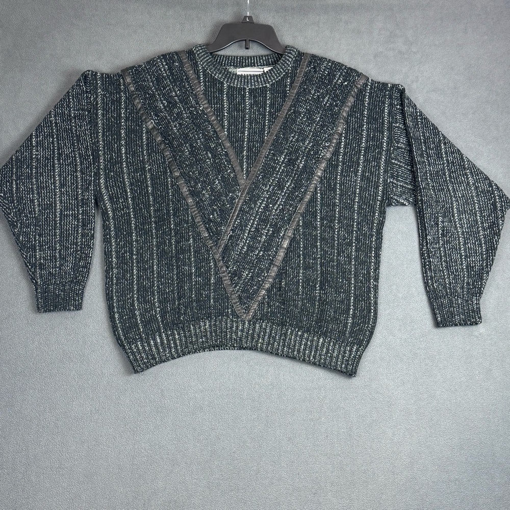 Vintage Gabrielle 80s Knit Black Sweater Leather Trim Tag Size XL Grandpa Chunky